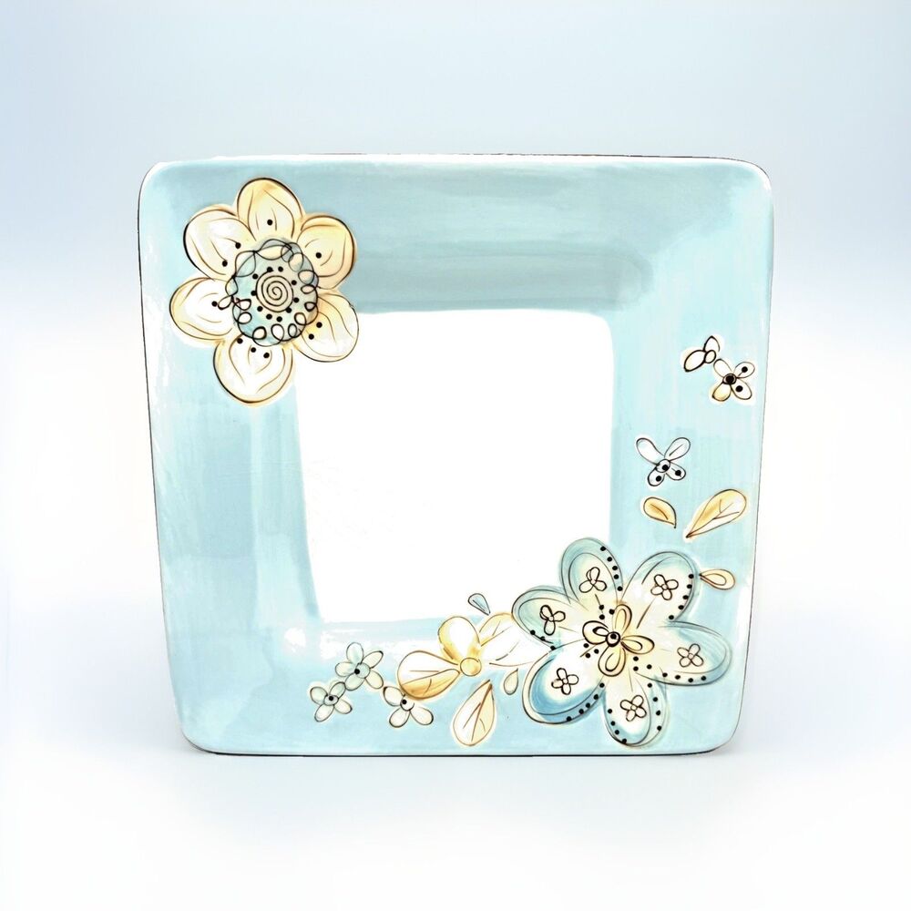 Pier One Imports Cassidy Dinner Plate 10” Square Hand-Painted Art Pottery Blue